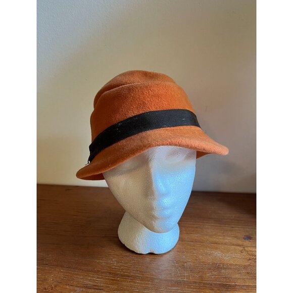 Vintage 40s Womens Felt Wool Hat Orange Brown Cloche Bowler